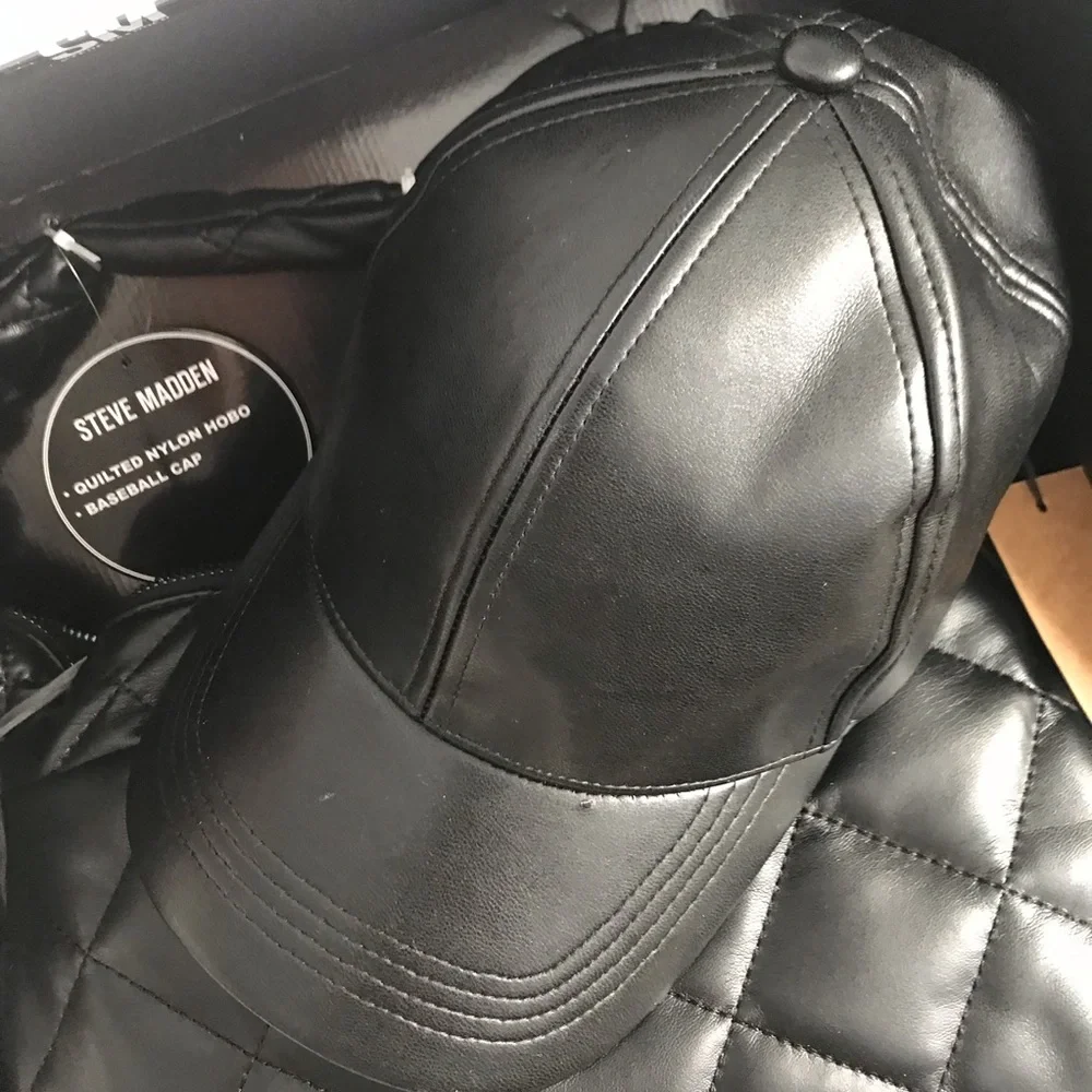 STEVE MADDEN Black Faux Leather Quilted Nylon Hobo Bag & Baseball Cap Hat Set